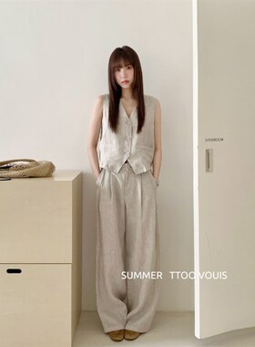 T.TOOd夏季气质文艺感V领马甲压褶阔腿休闲长裤港味亚麻料两件套