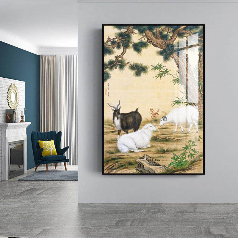 三羊开泰装饰画羊j图挂画餐厅入户门玄关画国画竖式 关于羊的挂画