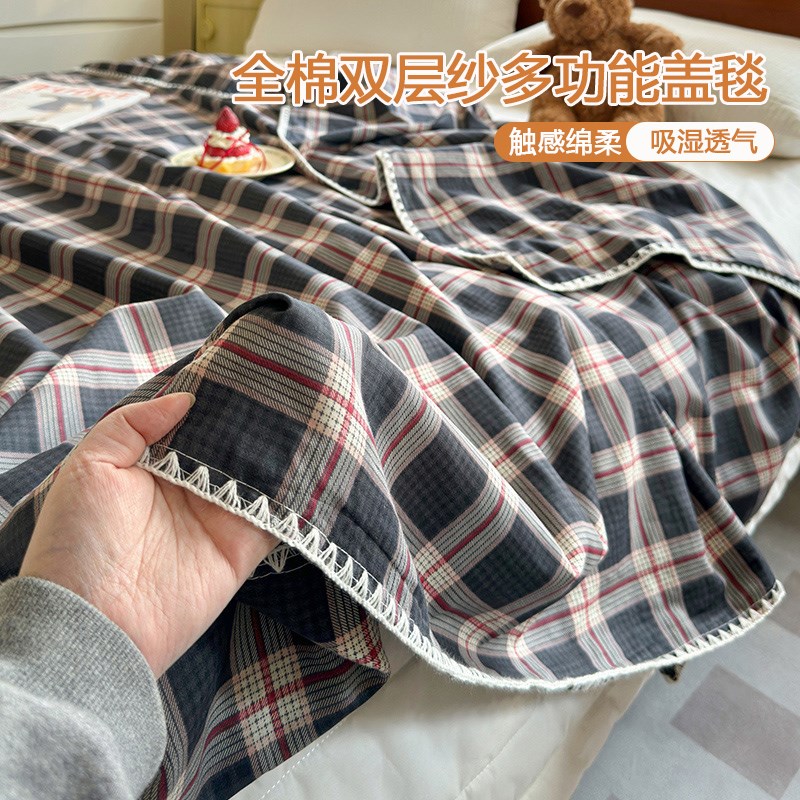 全棉双层纱布盖毯夏季空调被宝宝单双人午睡小毯T子夏凉被子披肩