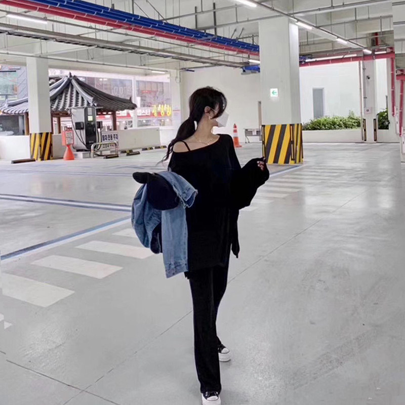网红炸街露肩时尚套装夏洋气减龄宽松微喇裤运动休闲两Z件套女薄