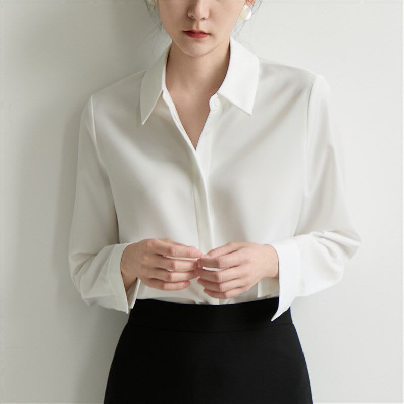XINERd 缎面白色正肩衬衫女小个子职业上班面试衬衣24春气质高级