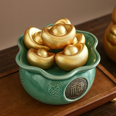 聚宝盆摆件招财聚财陶瓷元宝创意办公室桌面家居客厅饰品开业礼物