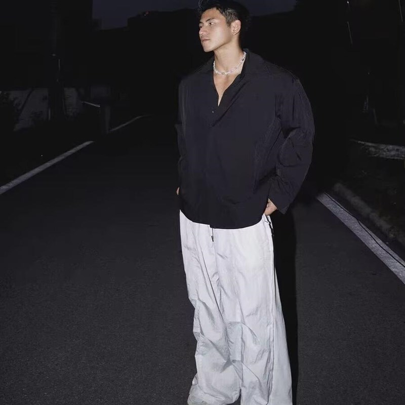 美式硬汉大领衬衫男暗扣设计感宽松长袖休闲百搭工装衬衣口袋寸衫