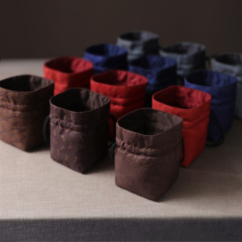 春泥桃皮绒花口暗花加厚收纳旅行包茶叶罐茶杯茶具布袋茶壶大布包