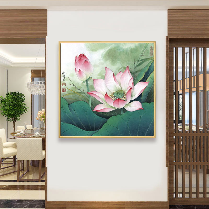 荷花装饰画玄关挂画新中式禅意茶室方形莲花图客厅入户背景墙壁画图片