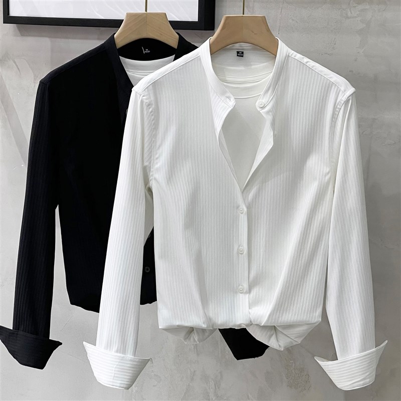 肌理暗条纹立领衬衫春秋男士长袖白色高级感免烫无领文艺圆领衬衣