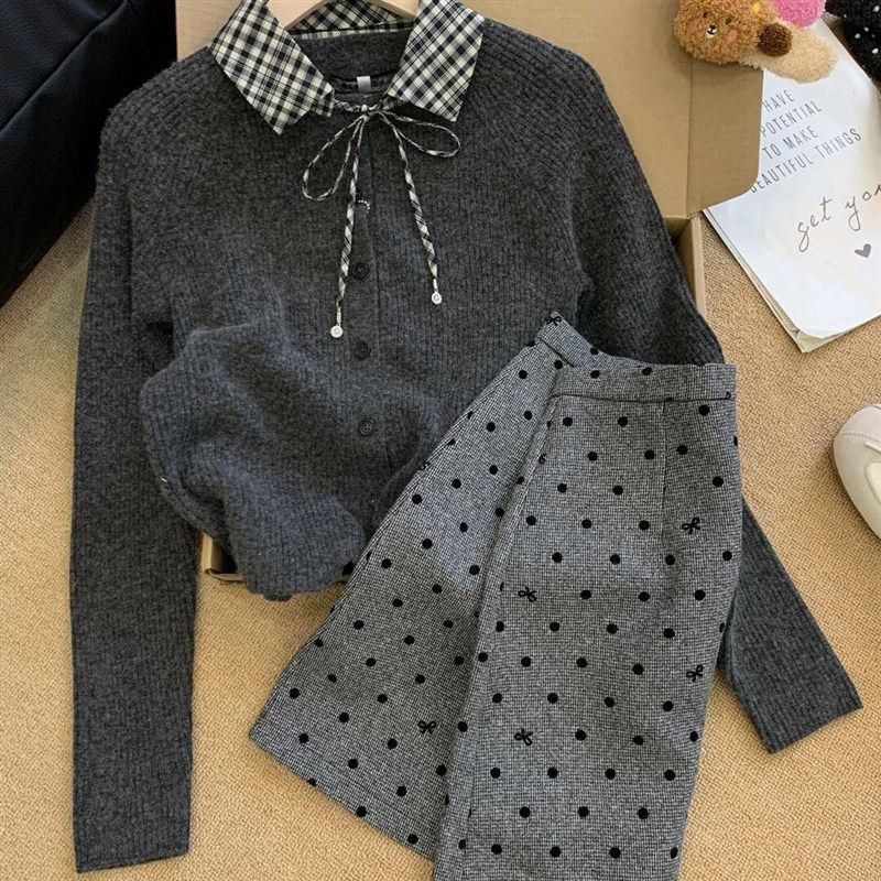 修身百搭格子拼接针织衫开衫毛衣外套半身裙短裙两件套装气质洋气