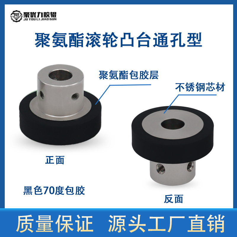 包胶主动轮聚氨酯滚轮凸台通孔型动力滚轮带止动螺丝型耐磨聚氨酯