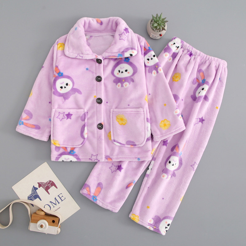 秋冬季儿童法兰绒睡衣加绒加厚小女孩男女童宝宝珊瑚绒家居服套装