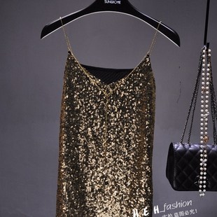 上衣女 性感v领金属链条黑色亮片吊带背心外穿打底衫 春季 2020新款