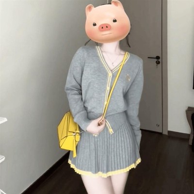 微胖MM学院风套装女冬季针织开衫外套+高腰显瘦百褶半身裙两件套