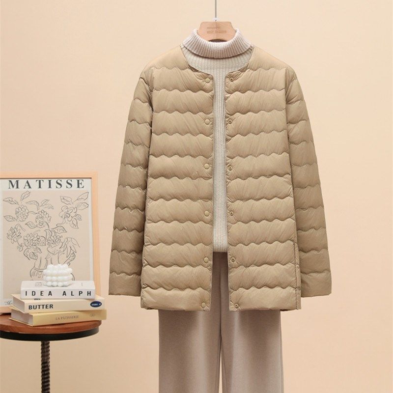 无领轻薄羽绒服女中长款V领圆领内胆内外穿中老年人妈妈冬装薄款