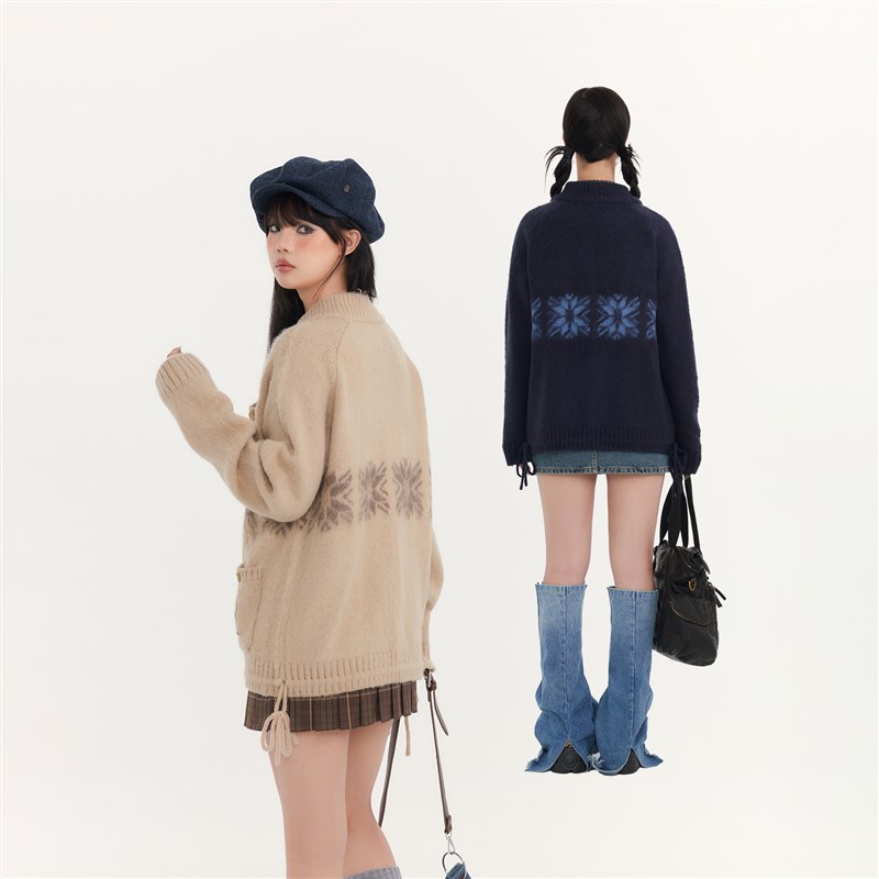 FPMZ 复古费尔岛雪花纹开衫毛衣外套百搭口袋百搭外穿上衣针织衫