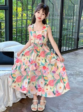 女童吊带裙夏装2024新款儿童夏季洋气网红连衣裙大童女装沙滩裙子