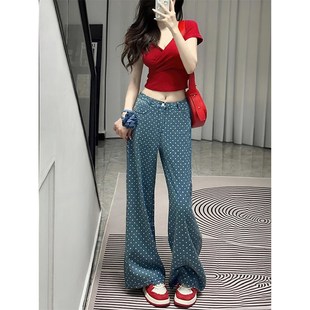 胖妹妹mm梨形身材高腰宽松显瘦直筒阔腿裤 蓝色波点牛仔裤 女夏薄款