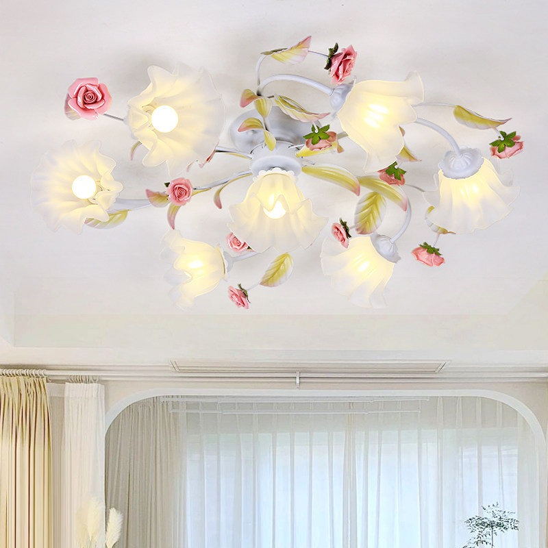 韩式田园吸顶灯铁艺花草客厅灯创意花朵女孩房间灯主卧室灯吸顶灯