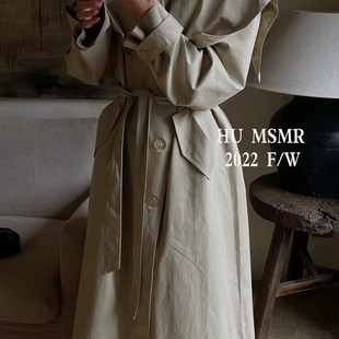 日了个韩复古高端英伦风设计款系带半高领中长款工装风衣外套女