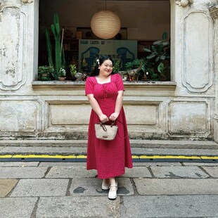 福饮沸别【云梦海棠】大码女装春款休闲显瘦火龙果色连衣裙女2054