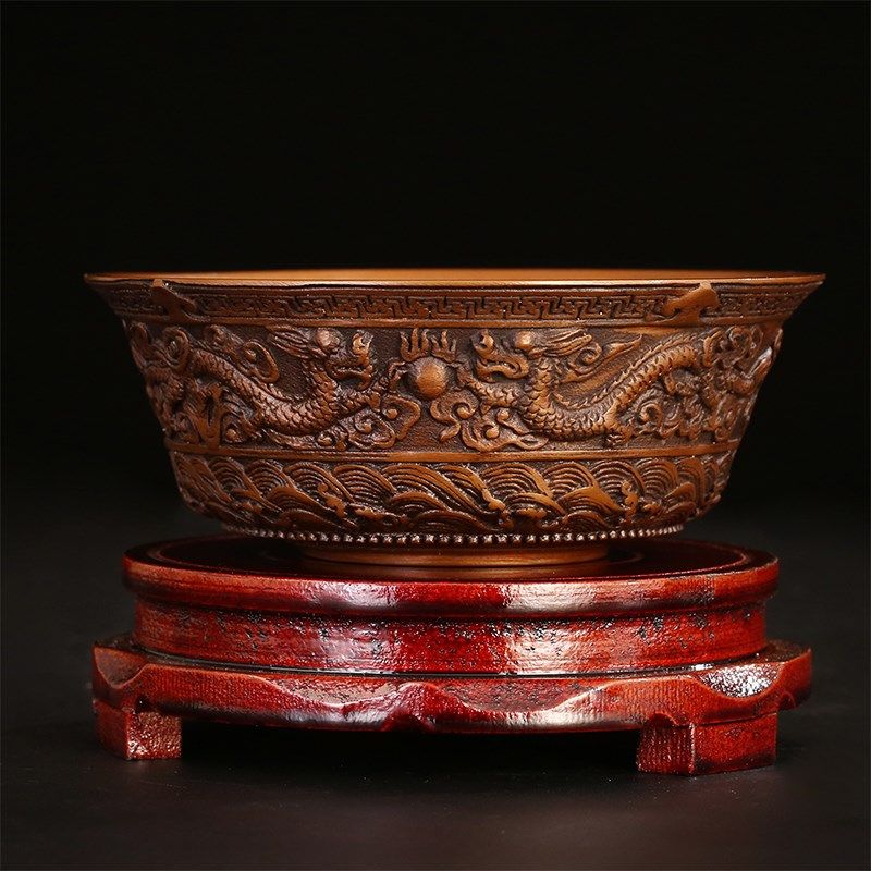 匠泽铜魂纯铜龙碗聚宝盆双龙戏珠摆件家居创意礼品摆设聚宝盆工艺