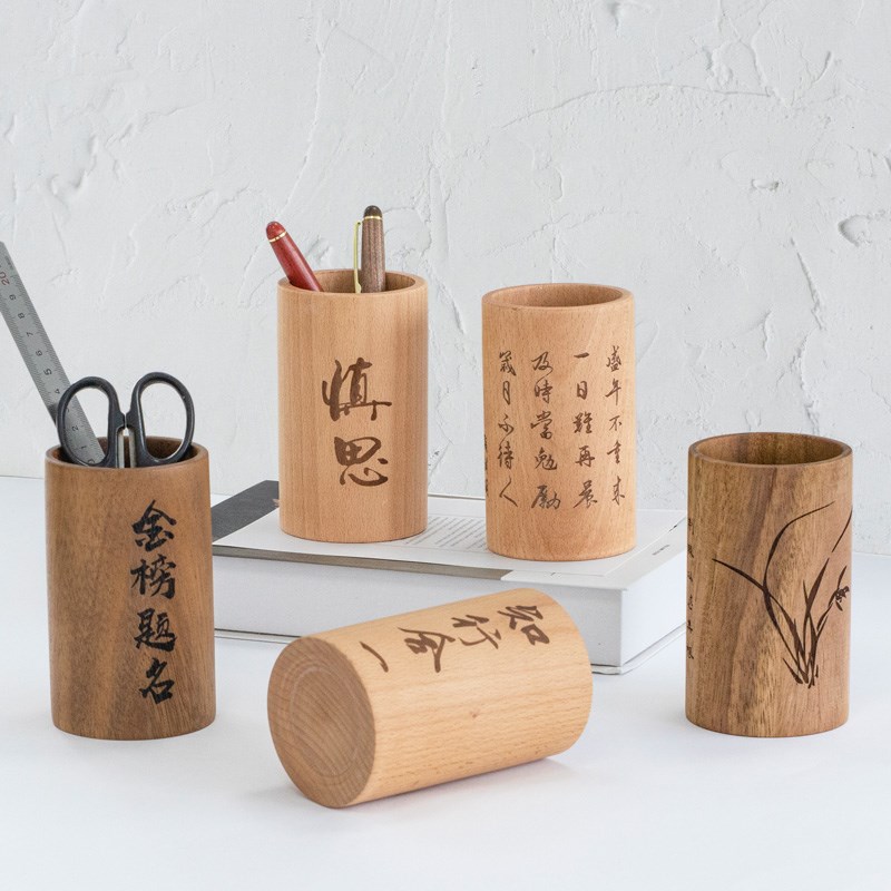 实木圆形笔筒毕业季定制刻字笔筒创意办公桌面摆件胡桃木笔收纳盒