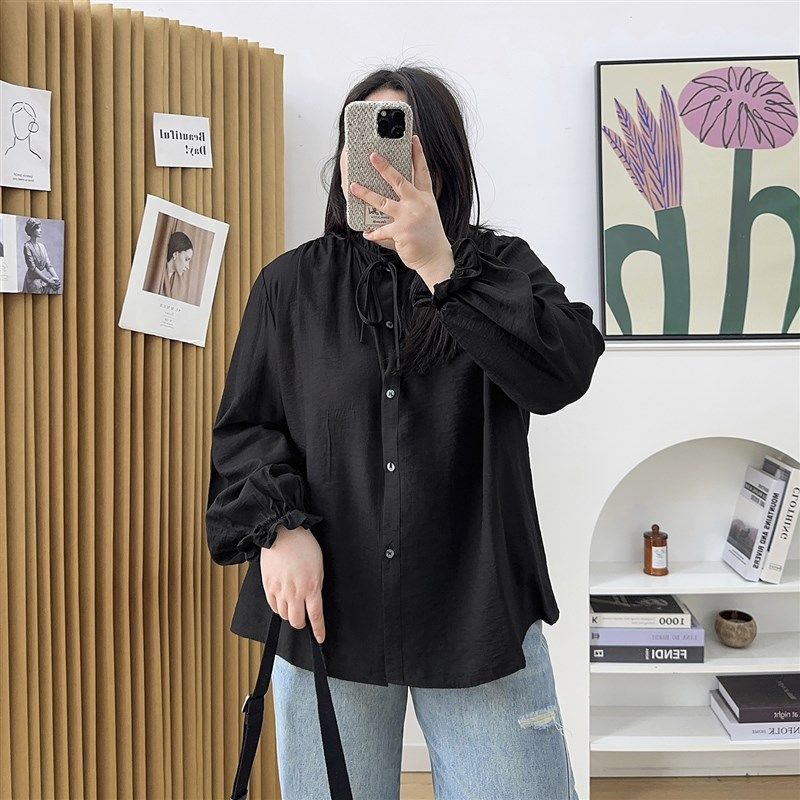 宛宛大码女装法式木耳边长袖衬衫春季胖mm宽松遮肚子显瘦衬衣开衫