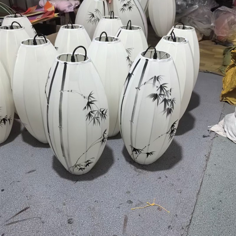 吊灯新中式手绘玄关过道灯笼餐厅酒楼手工布艺铁艺庭院茶楼橄榄灯