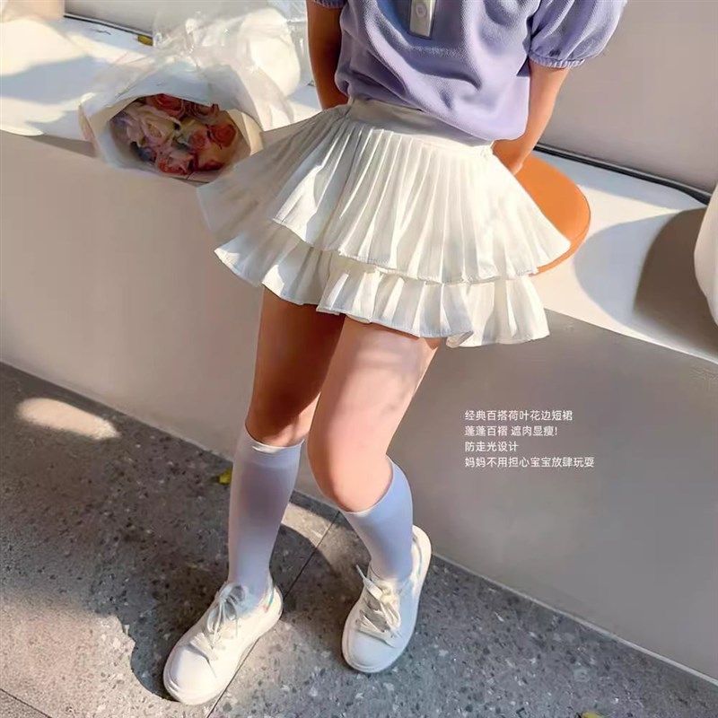 亲子装/内衬安全裤/儿童百褶蛋糕裙女童白色半身短裙宝宝蓬蓬裙裤