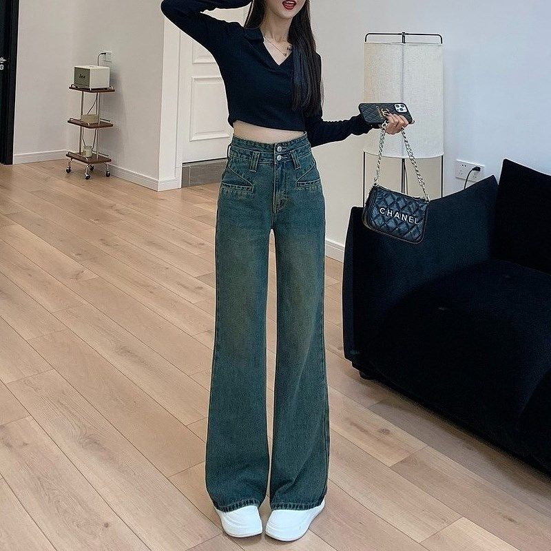 2024早秋复古窄版牛仔裤女高腰显瘦宽松微喇小个子垂感时尚阔腿裤