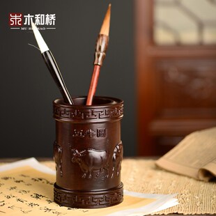 黑檀木雕五牛图笔筒工艺品办公室书桌家居客厅木质笔筒摆件送礼