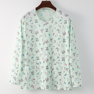 睡衣家居服中老年妈妈大码 打底衫 开襟薄针织上衣 长袖 女士纯棉开衫