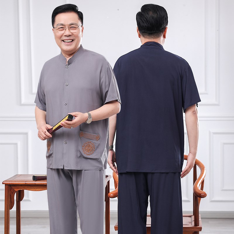 老人棉绸睡衣男士开衫爷爷款中年爸爸人造绵绸家居服夏季短袖套装