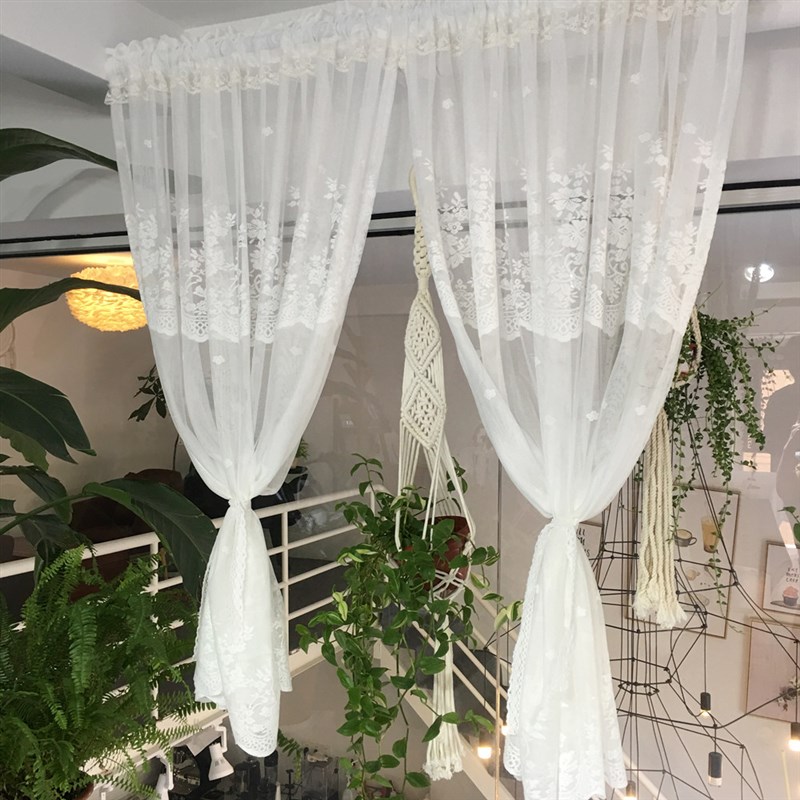 美式免打孔成品透光窗帘窗纱帘欧式半帘田园隔断防尘厨房门帘短帘