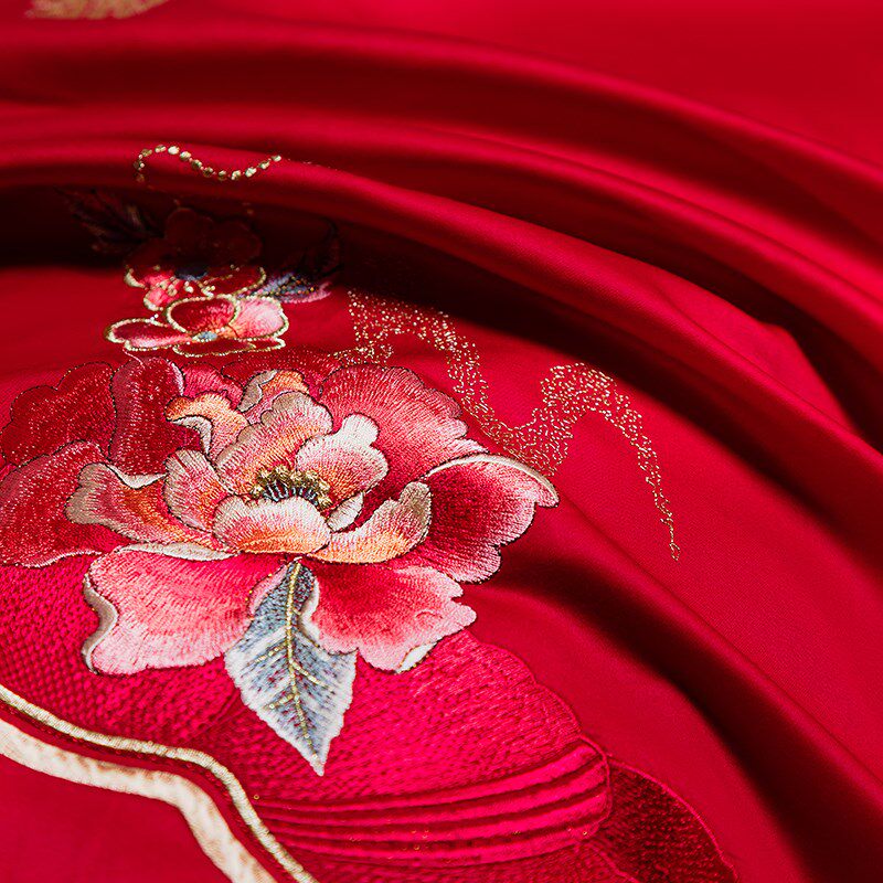 全棉高档绣花结婚陪嫁四件套新中式大红婚庆高端送礼喜被床上用品