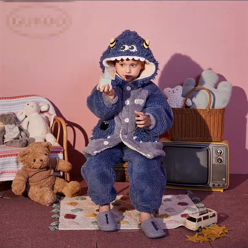 儿童小怪兽套装睡衣秋冬款睡袍保暖珊瑚绒可爱女童宝宝家居服男童