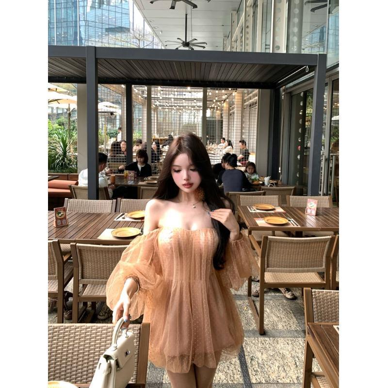 一字肩网纱拼接长袖连衣裙女夏季修身收腰短裙设计感甜辣a字裙子