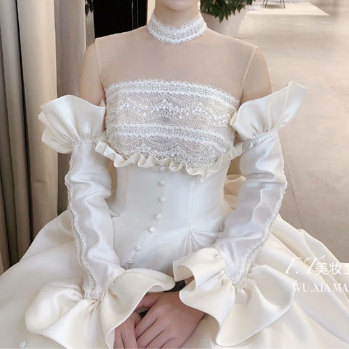 白色缎布婚纱手套长款新娘婚纱袖子G遮手臂手袖造型写真拍照款