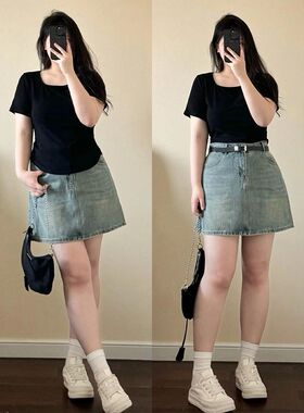 300斤大码韩版复古牛仔半身裙女胖mm夏季女装短裙显瘦Ya字包臀裙