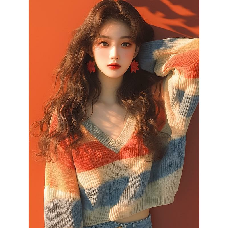 v领条纹毛衣慵懒高级感女2024早E秋新款公主风独特超好看针织上衣