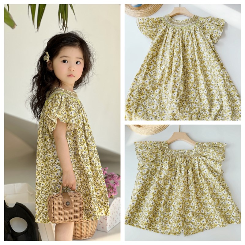 法式黄色小碎花打揽上衣&连衣裙 儿童春夏纯棉衬衣 女童小花裙子