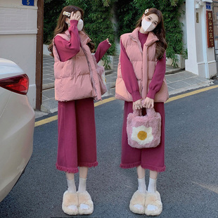 深秋冬羽a绒棉马甲棉服外套女微胖加厚打底针织连衣裙显瘦两件套