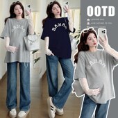 T恤衫 孕妇套装 女潮 圆领刺绣B字母拼蕾丝袖 假两件长袖 2025春季 新款