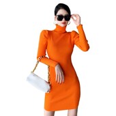 包t臀泡泡袖 中长款 内搭打底衫 针织连衣裙女秋i冬修身 高领长袖 毛衣