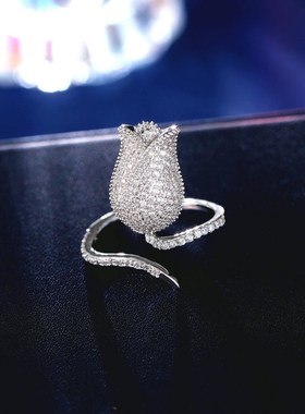 日韩简约食指戒子网红风镶锆石轻奢时尚个性尾戒开口玫瑰花戒指女