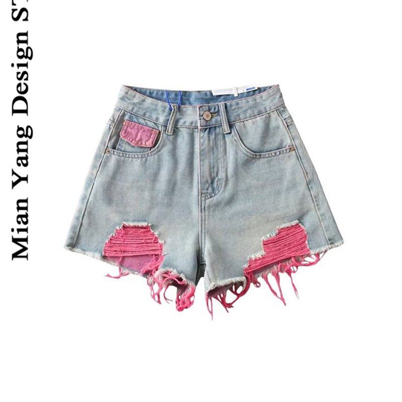 棉洋甜辣风多巴胺浅绿色破洞牛仔短裤女K夏高腰小个子宽松阔腿热