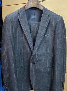 春秋时尚男士灰色商务西服套装西装外套西裤两件套修身竖条纹C01