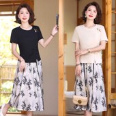 中老年女装 妈妈夏装 小个子连衣裙2024新款 改良旗T袍两件套半身裙