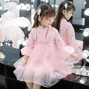 童装新款女童连衣裙秋冬装加绒泡泡袖蓬蓬裙红色公主裙演出小礼服
