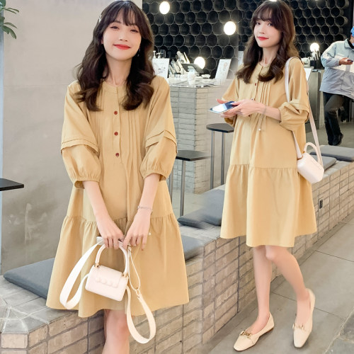 2022春装新款孕妇七分袖连衣裙中长款时尚韩版潮妈AY字裙孕妇裙子