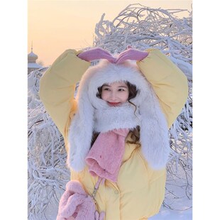 暖呼呼兔兔帽子围巾一n体2024新款毛绒绒护耳帽加厚保暖毛茸包头