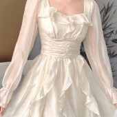 2024a春秋法式 白色连衣裙女初恋甜美成人礼裙子泡泡袖 小礼服仙女